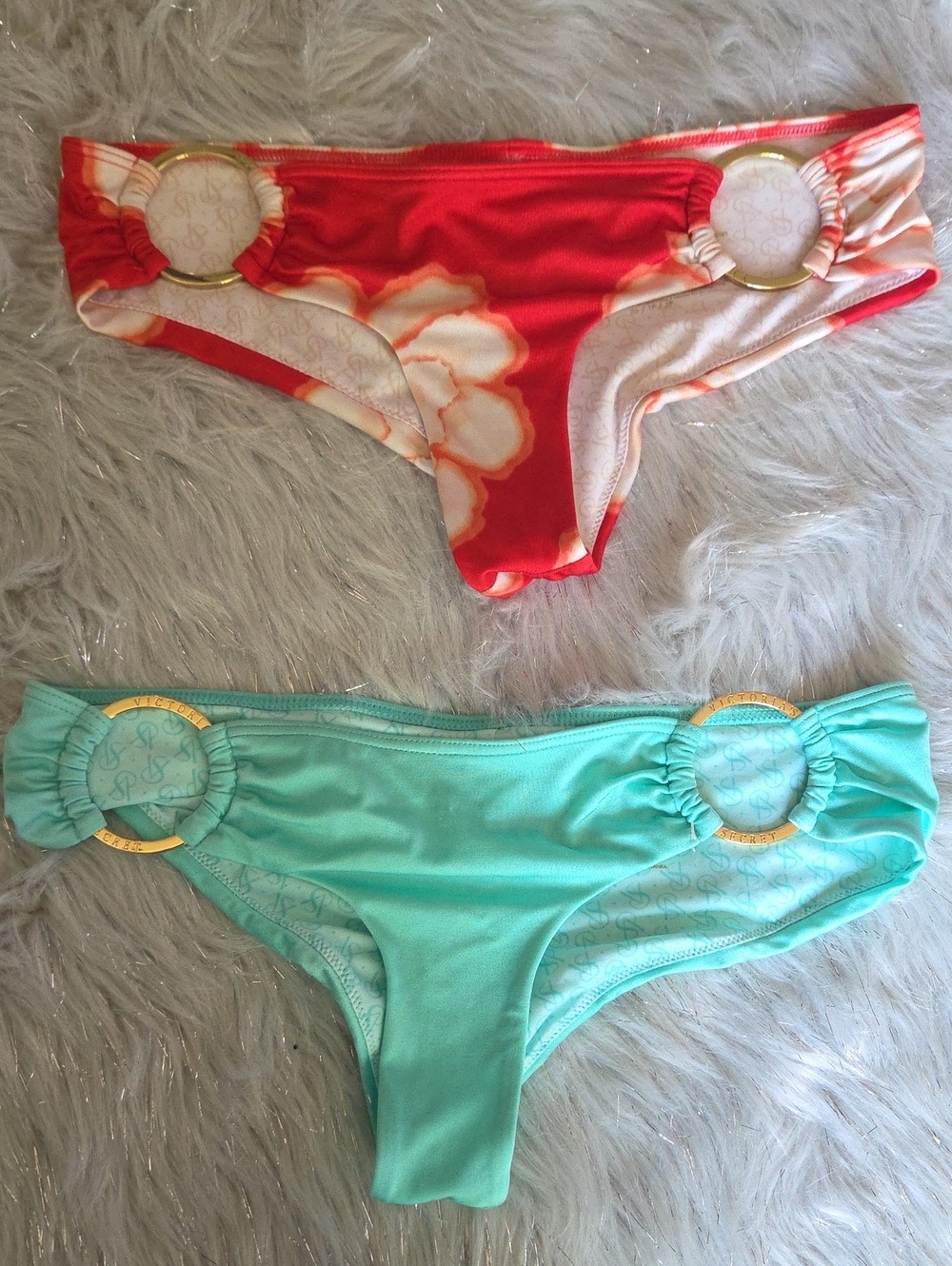 Victoria's Secret Red Floral & Mint Bikini Bottoms with Gold Rings